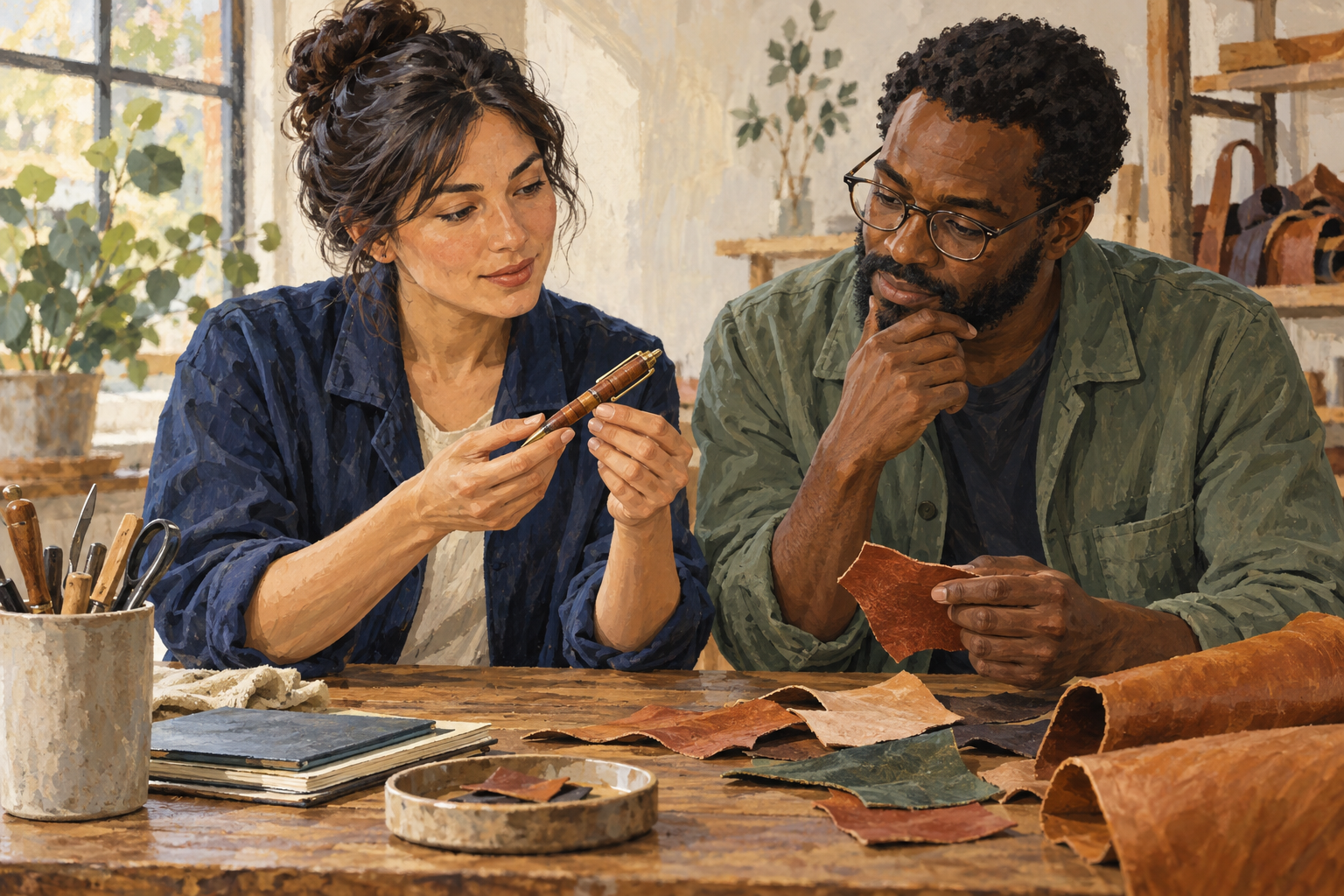 Painterly illustration of two colleagues examining a stacked-leather pen and leather offcuts in a local workshop.