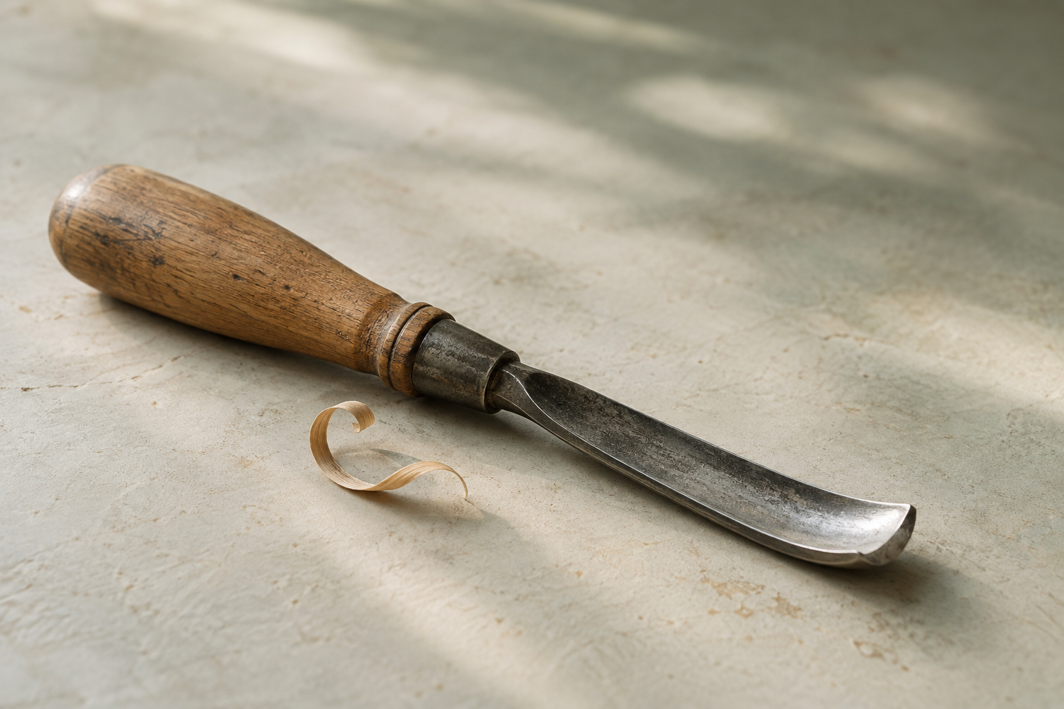 A single turning gouge and a curled shaving in soft natural light