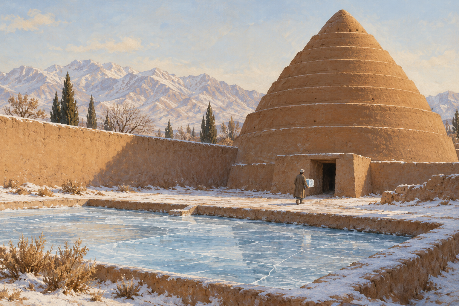 Painterly scene of a traditional Iranian ice house, its shade wall, and a shallow frozen basin in winter.