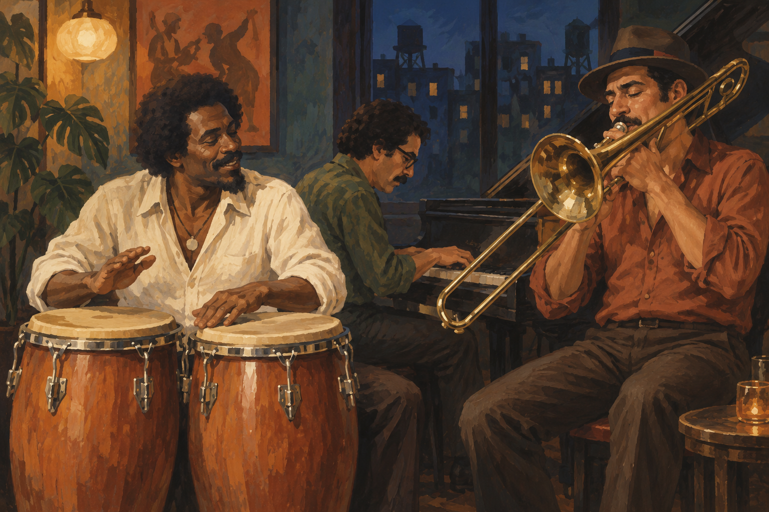 An illustrated salsa ensemble playing together in a New York club.