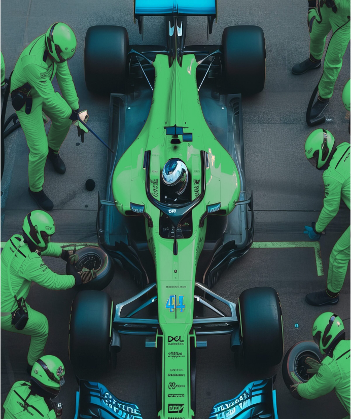 A pit crew working together around a green racing car