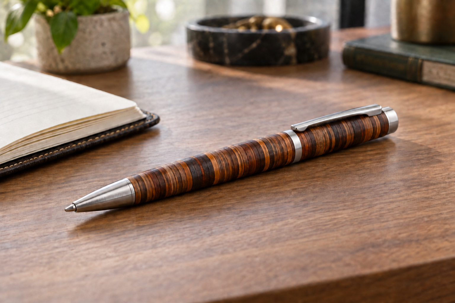 A finished stacked-leather pen with a silver joining band and clip on a wooden desk